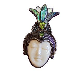 Vintage Sajen 925 Sterling Abalone Shell Crowned Goddess Pendant Brooch (A2118)